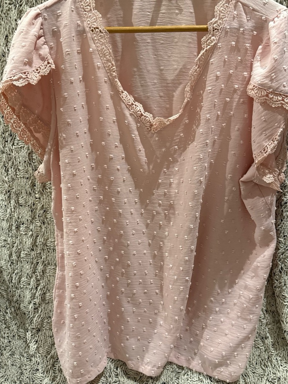 Delicate Pink Swiss Dot Blouse with Lace Trim